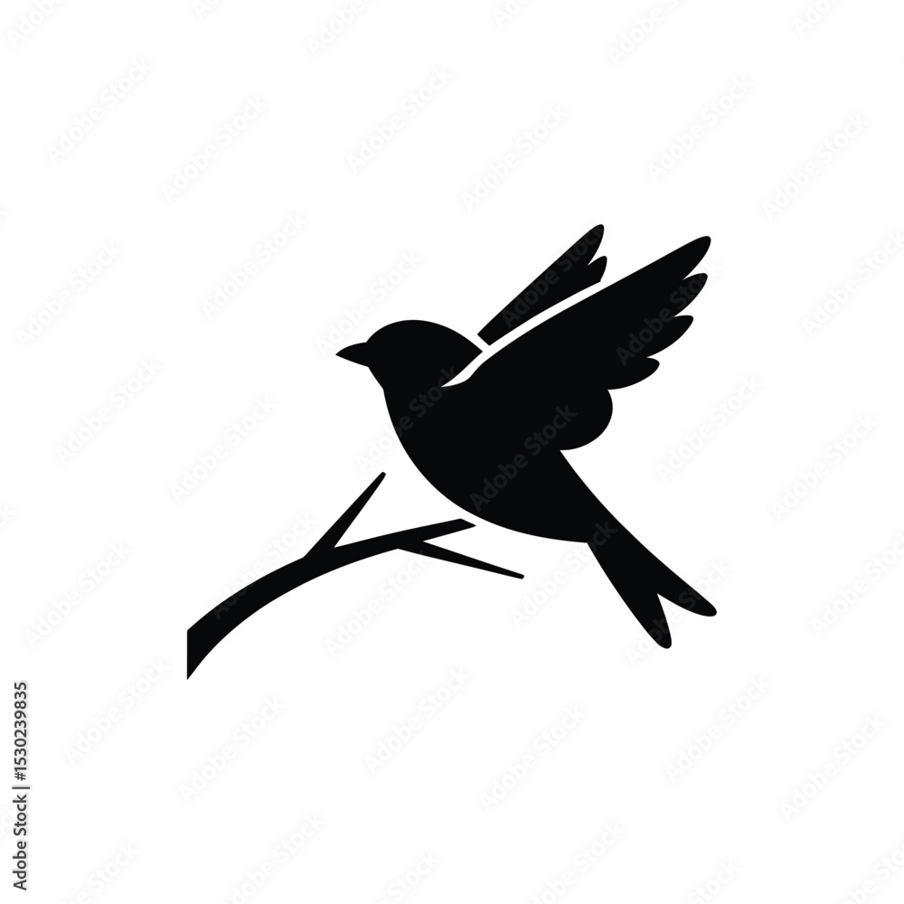 Fototapeta premium Minimalist Black Bird Perched on a Branch, Silhouette Against White Background Art