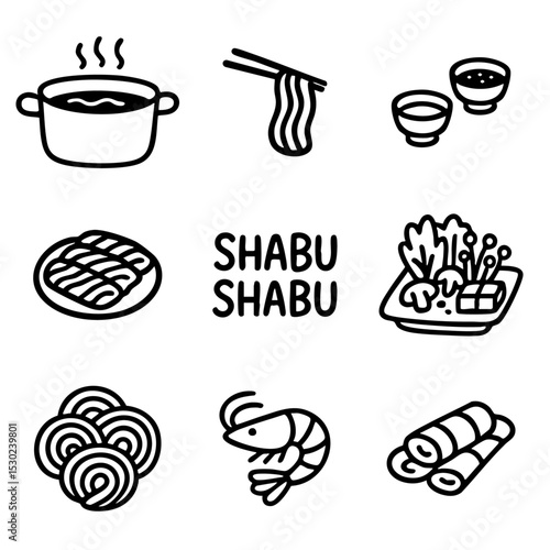 A set of doodle line icons representing shabu shabu ingredients, hot pot cooking, and Japanese cuisine for menus, food blogs, or packaging
