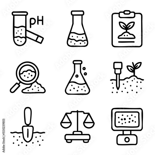 A set of doodle line icons showing soil testing, lab analysis, and agricultural tools for farming, environmental science, or crop research