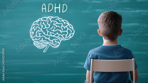 A young boy sits facing a chalkboard with a brain illustration and 