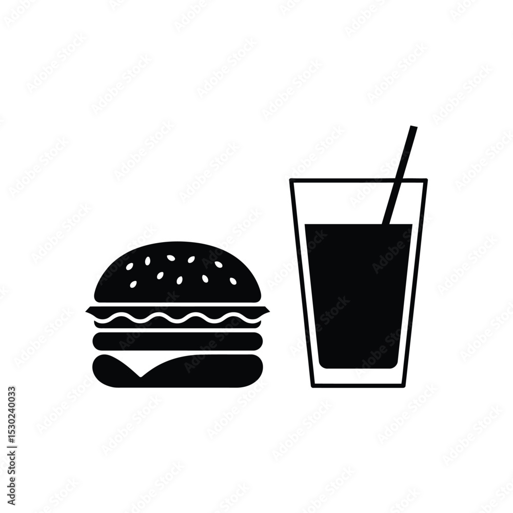 Burger and Drink Illustration Simple Black and White Icon Burger and Drink Illustration Simple Black and White Icon