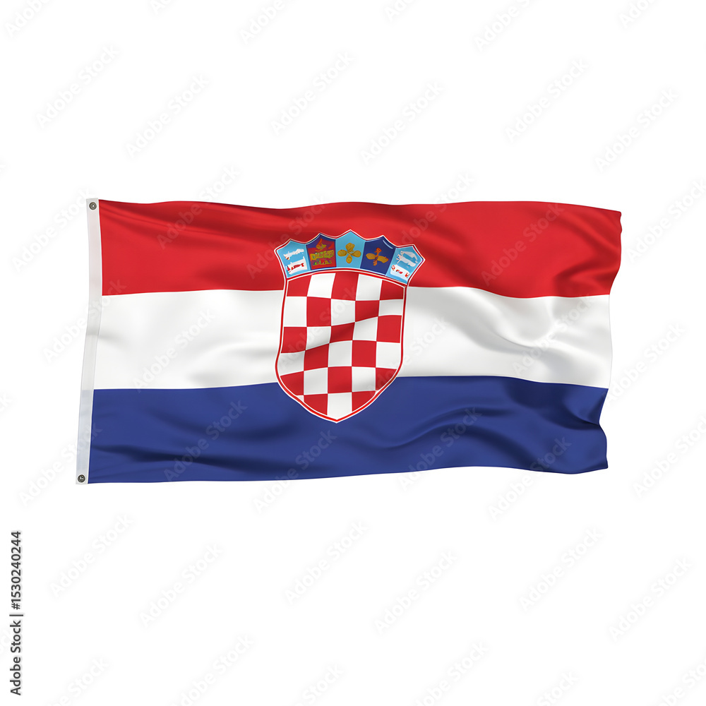Naklejka premium Croatia flag horizontal stripes, red white blue, coat of arms, no flagpole, isolated on white background, European photography