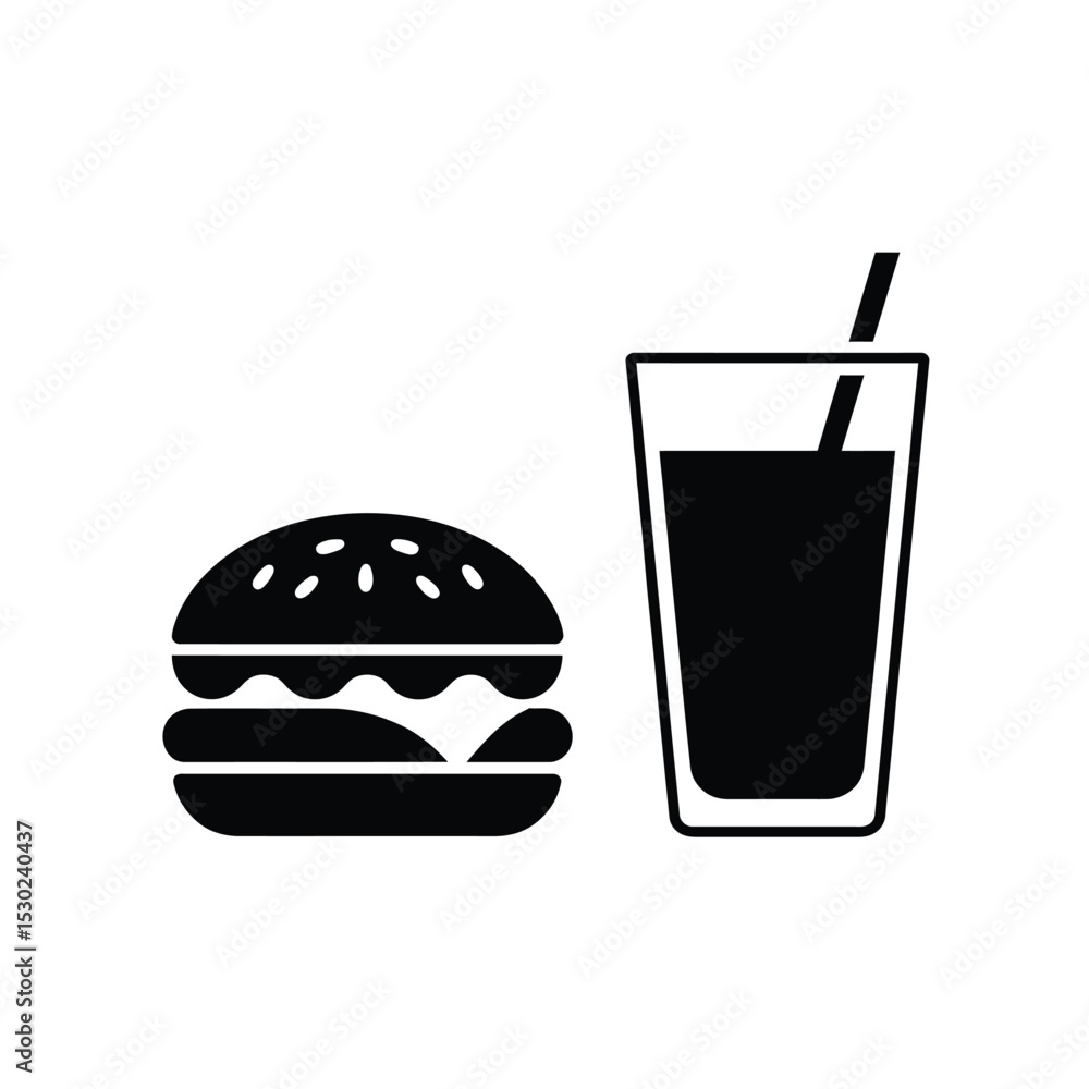 Burger and Drink Icon Simple Black and White Fast Food Image Burger and Drink Icon Simple Black and White Fast Food Image