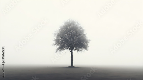 Solitary Tree in Minimalist Landscape Under Overcast Sky for Design and Print
