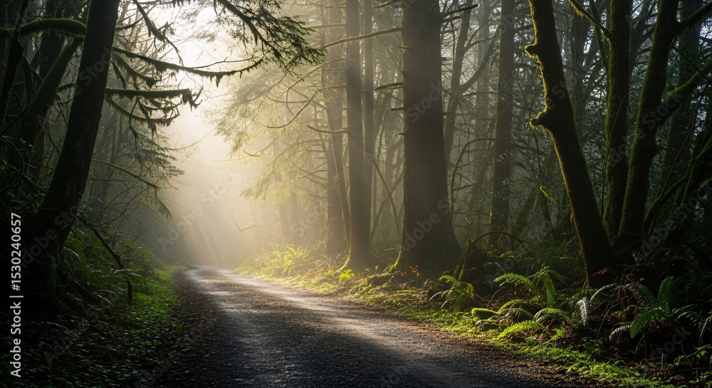Obraz premium Sunbeams Illuminate Misty Forest Road: A Serene Nature Scene