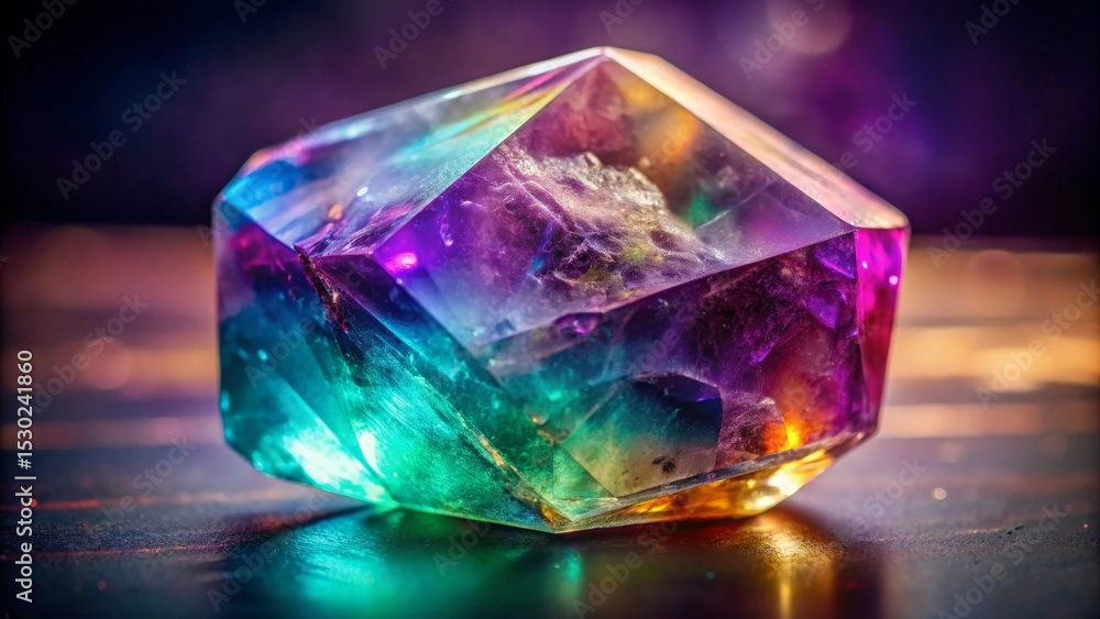 A Multifaceted Gemstone with Iridescent Hues Reflecting Light on a Dark Surface A Multifaceted Gemstone with Iridescent Hues Reflecting Light on a Dark Surface