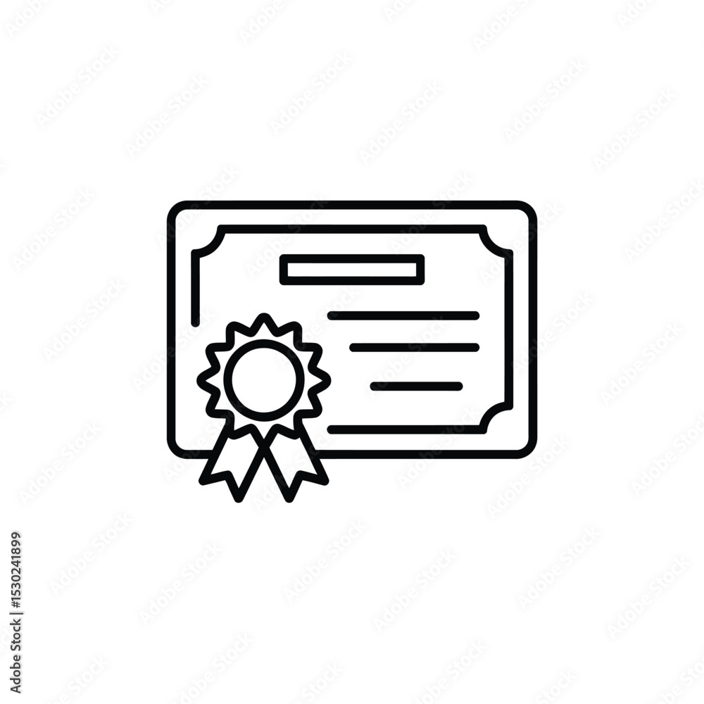 Certificate of Achievement Icon with Ribbon Black and White Outline Certificate of Achievement Icon with Ribbon Black and White Outline