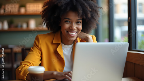 Smiling young Black woman with curly hair using a laptop and drinking coffee at a cafe table, looking at the camera.