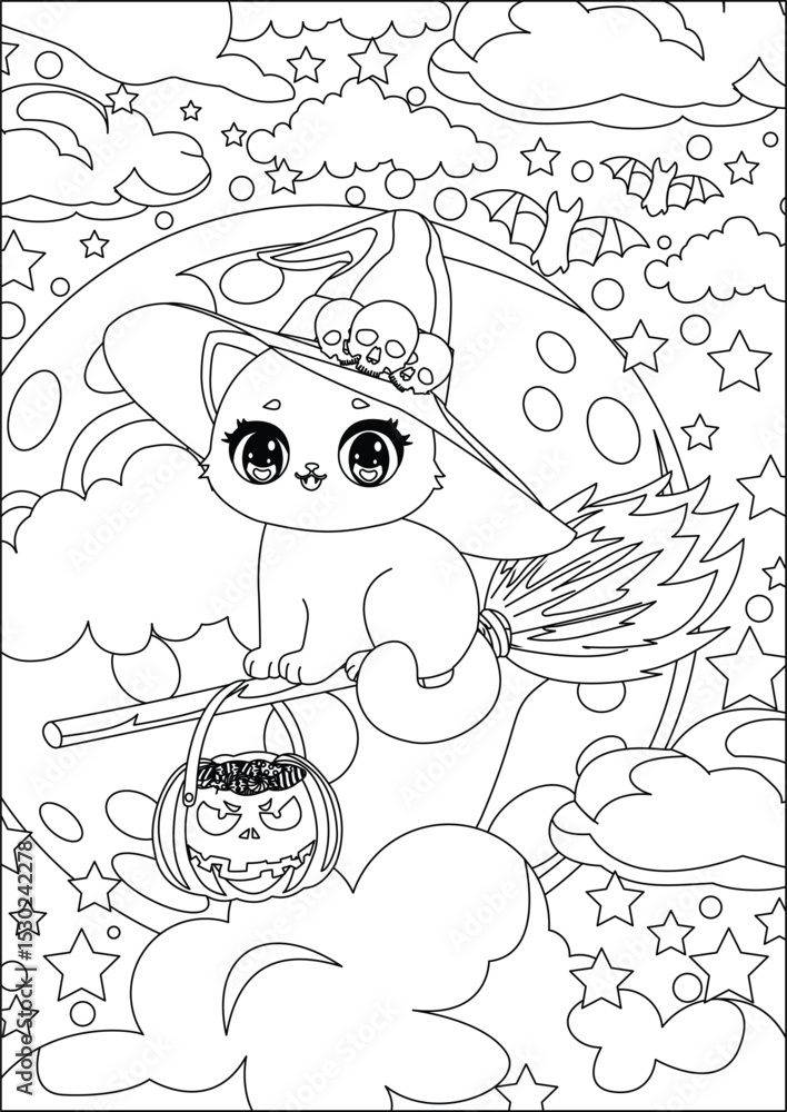 Fototapeta premium Witch Cat Flying In Broom Night Scream Halloween Coloring Page