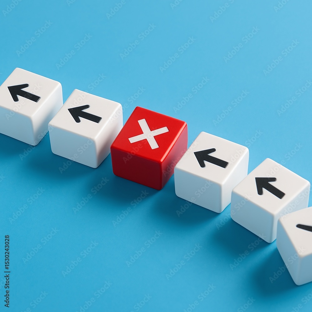 Red x cube stands out from arrow cubes on blue Red x cube stands out from arrow cubes on blue