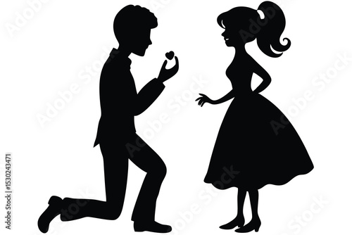 Silhouette of a man proposing to a woman with a ring