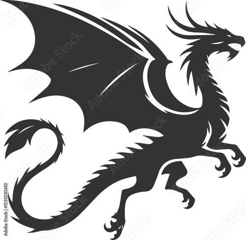 Vector drawing silhouette of a flying dragon illustration