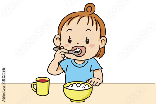 スプーンを鉛筆持ちでご飯を食べる子供のかわいいイラスト素材

