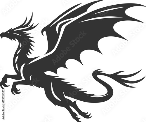 Vector drawing silhouette of a flying dragon illustration