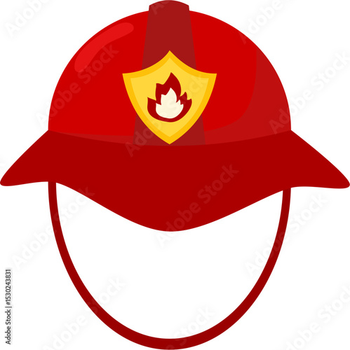 Red Firefighter Helmet Icon with Flame Emblem, Cartoon Style