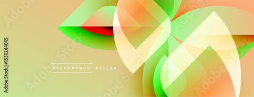 Abstract geometric shapes overlap, creating vibrant color gradients. Soft yellow background complements green, orange hues. Modern design element.