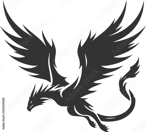 Vector drawing silhouette of a flying dragon illustration