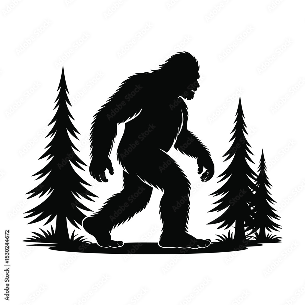 Fototapeta premium Bigfoot Silhouette Walking in the Woods Between Pine Trees