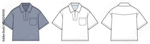 Relaxed-Fit Polo Shirt Technical Fashion Illustration. Polo shirt with Chest Pocket vector template. Front and Back Views. Casual Menswear. CAD Mockup Set.