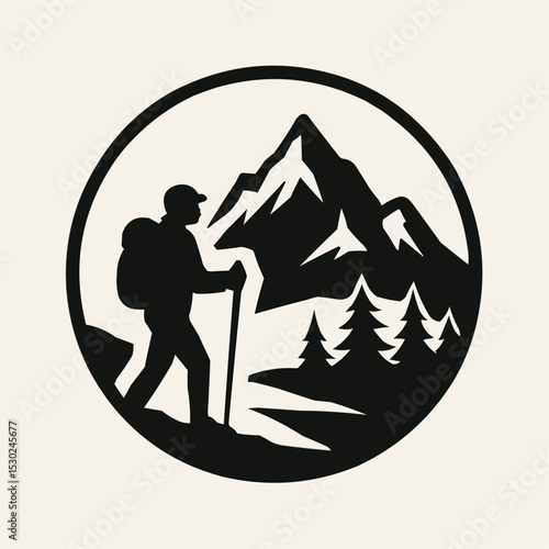 Ski touring in the mountains, a winter sport illustration with a silhouette of a woman