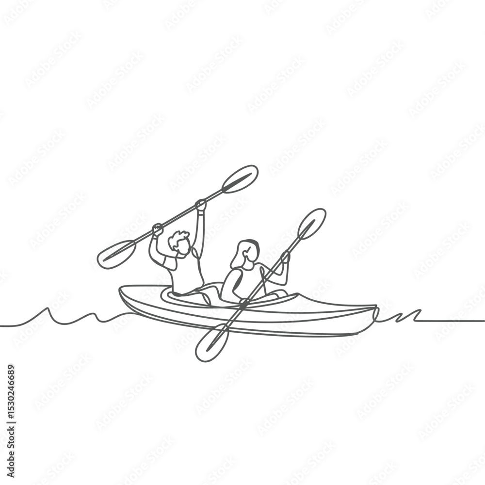 Obraz premium Continuous Line Drawing of Couple Kayaking on Water Together