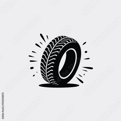 Black and White Tire Illustration with Splatter Effect and Shadow