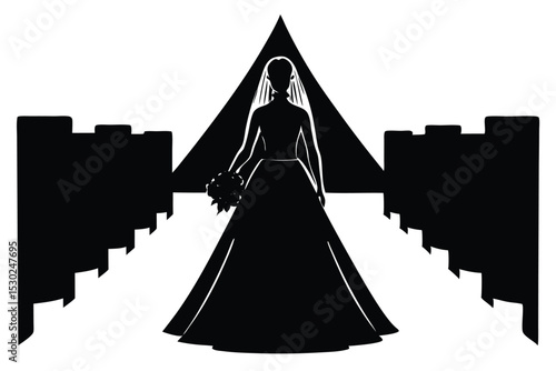 Elegant bride silhouette walking down wedding aisle