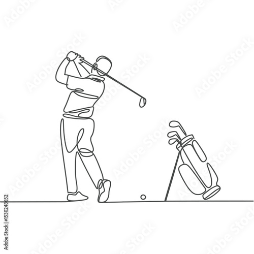 Continuous Line Drawing of Golfer Swinging with Golf Bag Beside Him