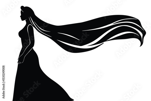 Elegant bride with flowing veil in wind