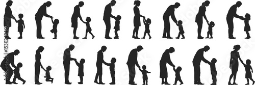 Parent and child silhouette collection, family interaction vector set, holding hands pose, walking and playing illustrations, black family bond graphic

 flat vector illustration