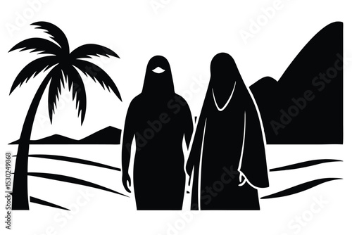 Romantic couple in burqas on a sunset beach