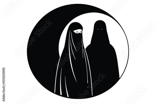 Romantic couple under the moon woman in burqa husband beside her