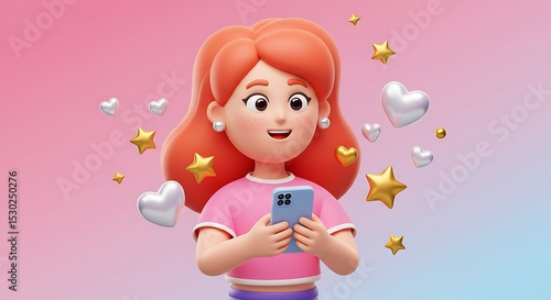 Joyful Cartoon Girl Receiving Digital Hearts and Stars on Phone