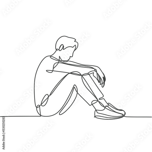 Continuous Line Art Depressed Man Sitting with Head Down