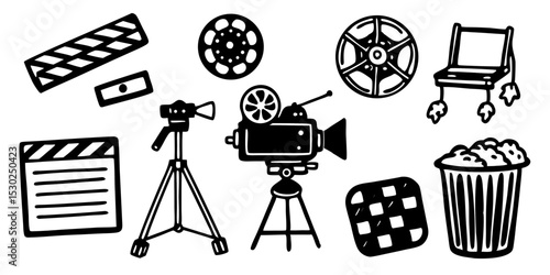 Filmmaking equipment and movie icons illustration
