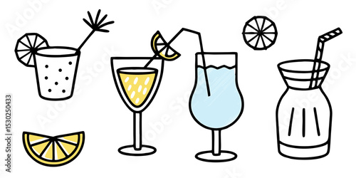 Summer cocktails illustration set lemon drinks