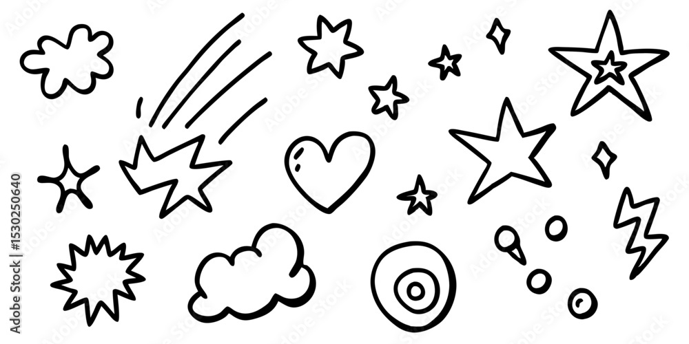 Hand drawn doodle elements stars hearts clouds Hand drawn doodle elements stars hearts clouds