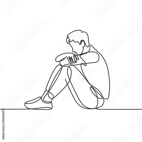 Continuous Line Art Depressed Young Man Sitting with Head Down