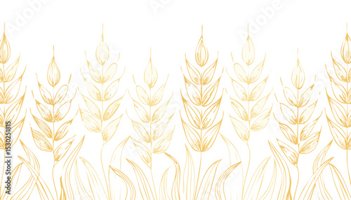 Oat pattern. Oat spikes background. Line cereal drawing. Grain farm sketch in golden color. Vector bread plant art. oat, flake, gold, grain, outline, seed, crop, drawing, drawn, milk, simple, 