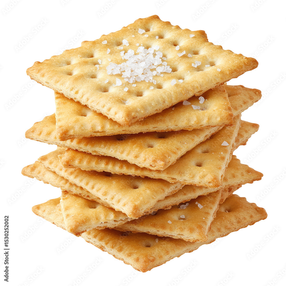 Stack of Salted Square Crackers isolated on transparent white background, clipping path Stack of Salted Square Crackers isolated on transparent white background, clipping path