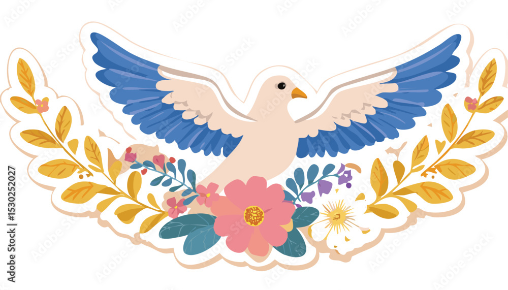 Fototapeta premium Retro sticker with dove and flowers. Vintage groovy print with flying bird, floral pattern. Symbol of peace and hope in hippie 70s style,60s, 70s, doodle, flying, funky, graphic, peace, print, sticker