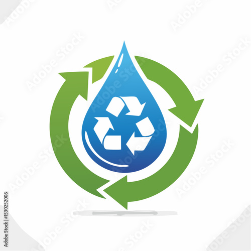 Water conservation and recycling: a stylized blue droplet with recycling arrows.