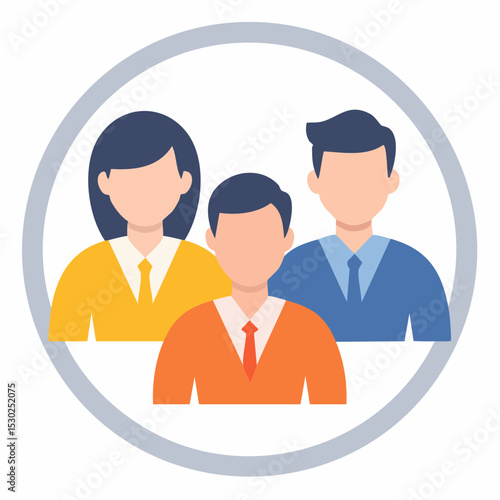 A flat vector illustration showing three people in business attire, within a circular frame.