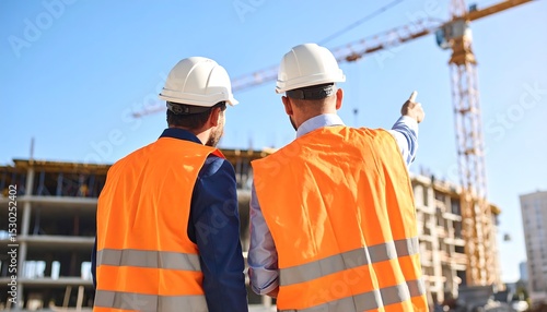 Two construction workers in safety gear observe the site, pointing towards a crane on a clear day