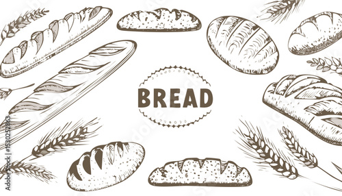 Bread sketch set. Vector bakery. Vintage food. Wheat loaf, flour bag with shovel, bun, ear illustration. Hand drawn icon set.doodle, draw, grain, outline, seed, crop, drawing, drawn, ear, slice,