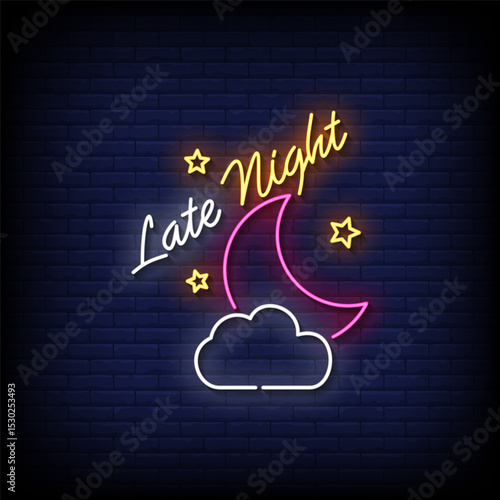 late night neon sign with brick wall background vector