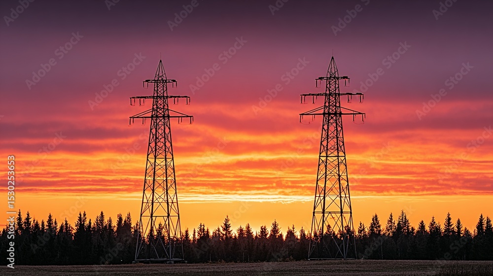 Fototapeta premium Silhouette of power lines at sunset over a field.