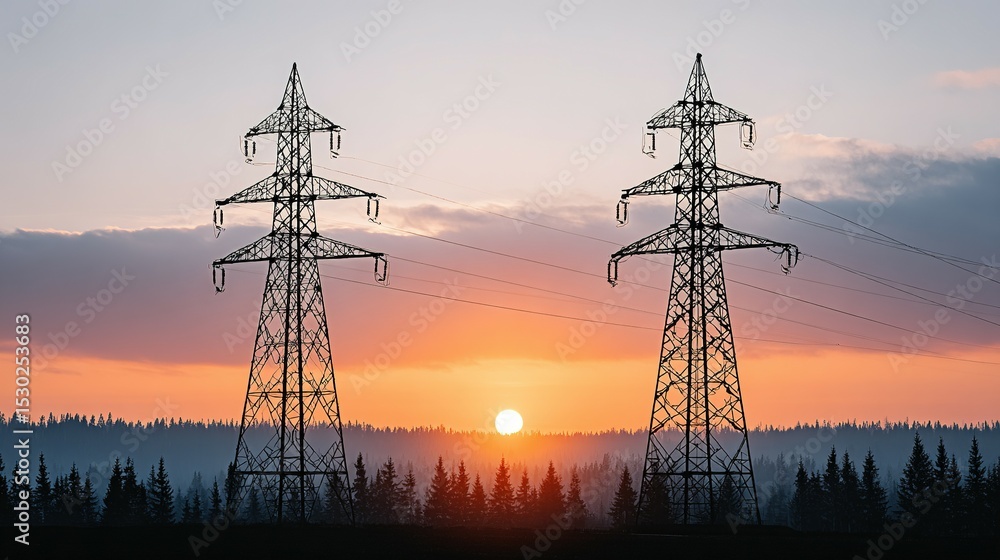 Fototapeta premium Power lines stretching across a landscape at sunset.