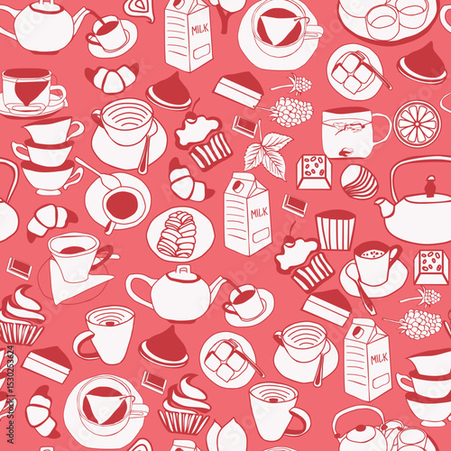 pattern of  kitchen utensils  teapots, tea cups, milk