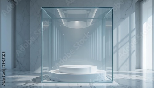 Sleek white platform inside transparent cube for tech or AI branding